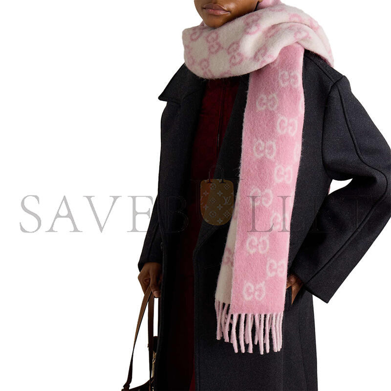 GUCCI FRINGED JACQUARD-KNIT SCARF (202*37.5cm) 